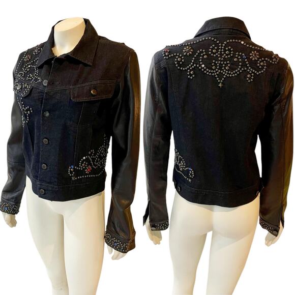 Ralph Lauren Black Studded Leather Denim Jacket Combo Medium New - Picture 1 of 14
